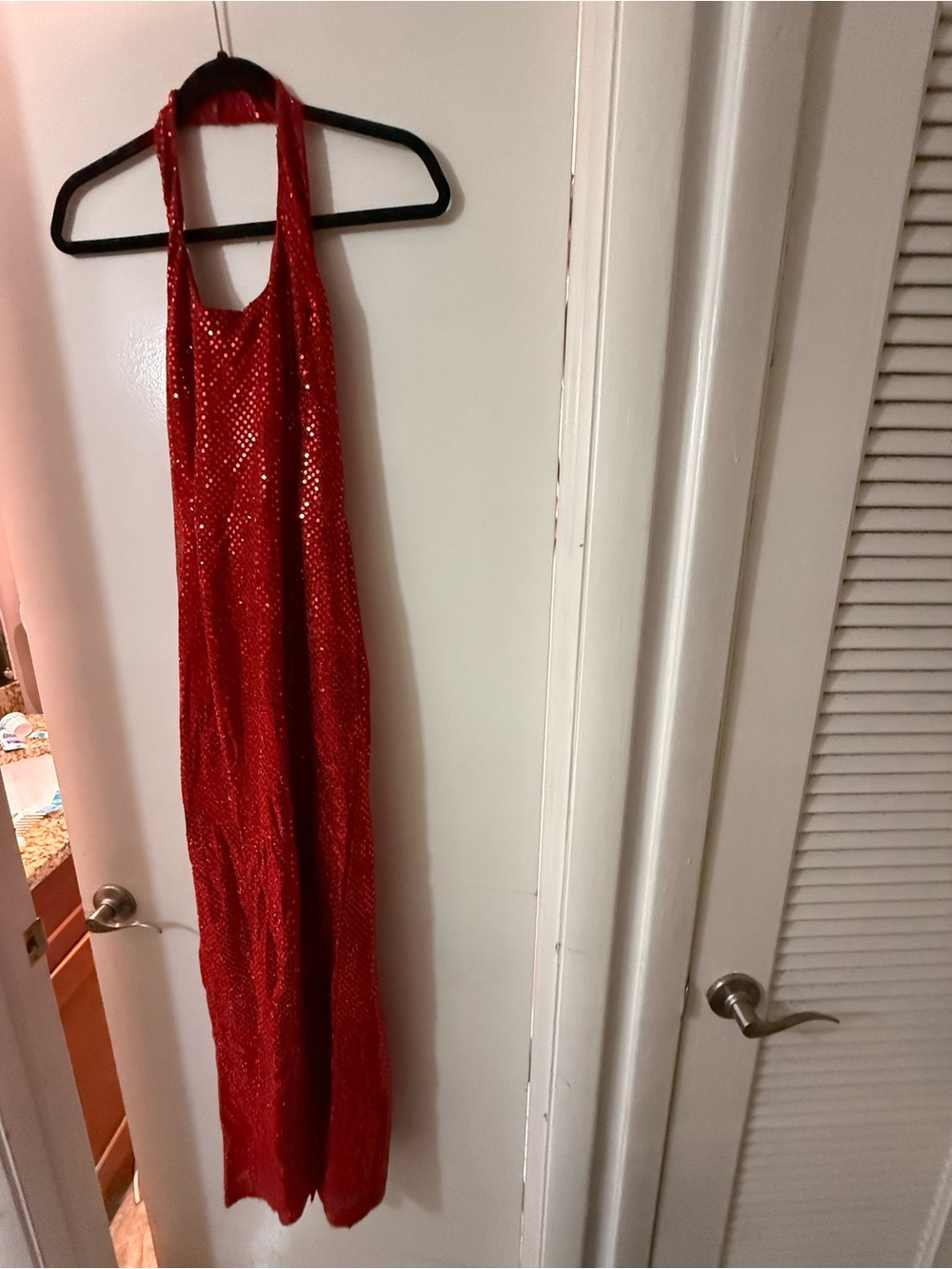 Jump Red Sleeveless Lined halter Dress with sequins.  Front slit -zip on